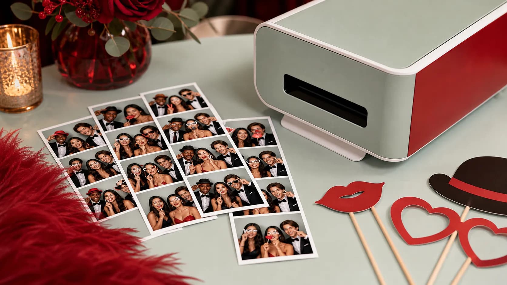 Tirages photo, accessoires et imprimante photobooth prêts pour les invités